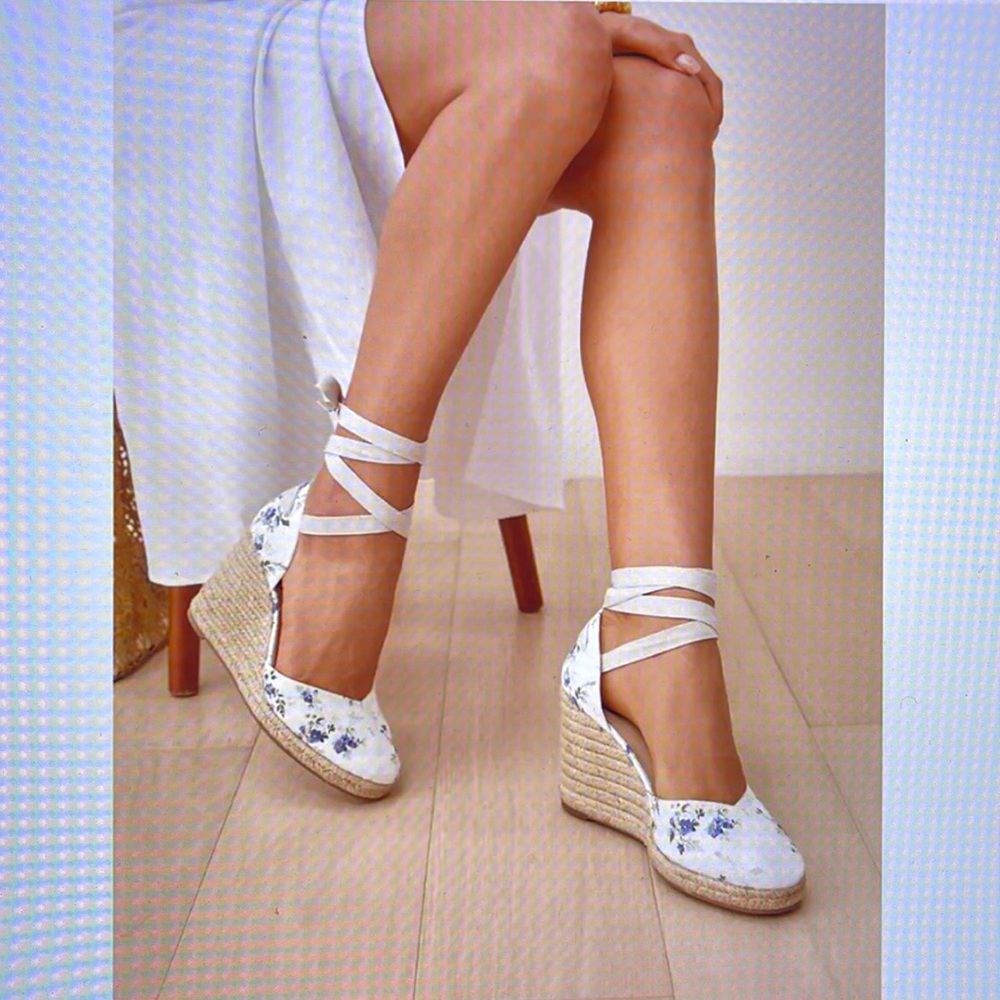 Reformation White Floral Espadrille Wedge with Ankle Wrap